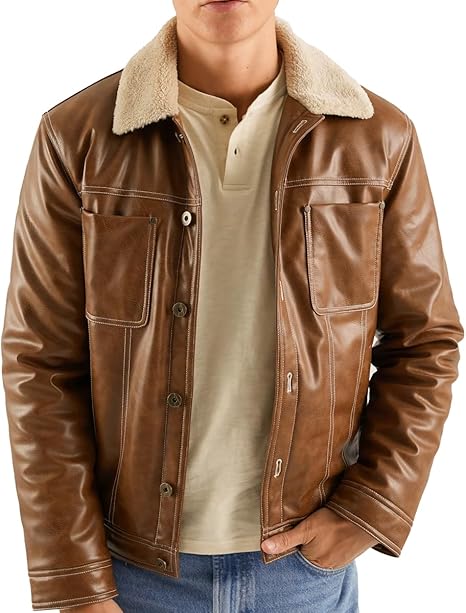 Men's Premium Genuine Lambskin Leather Jacket with Fur Collar - Classic Style