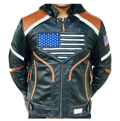 Men's Premium Genuine Leather Biker Jacket with USA Flag - New Style