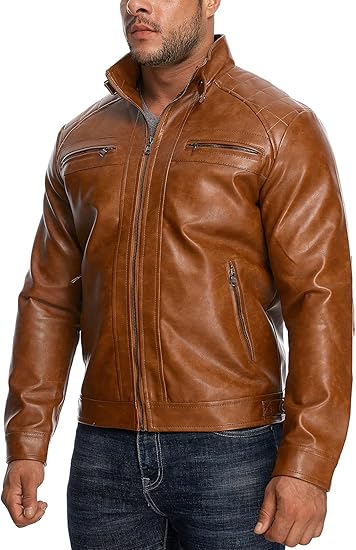 Men's Stand Collar Casual Leather Motorcycle Jacket