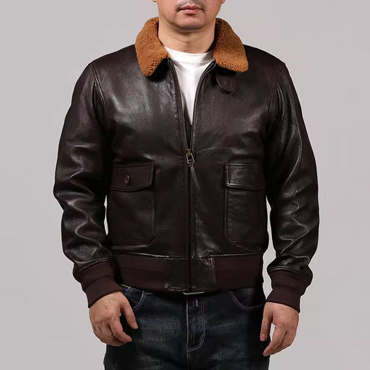 Men's Slim Fit Vintage G1 Jacket - Genuine Cow Leather with Wool Collar