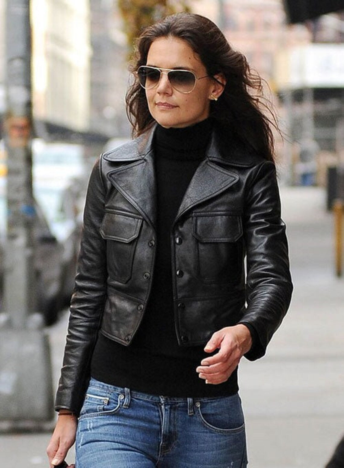 katie holmes leather jacket