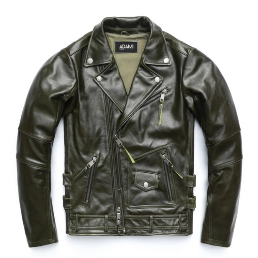 Men's Unique Army Green Motorcycle Jacket - 100% Oil Wax Cowhide Leather Biker Jacket