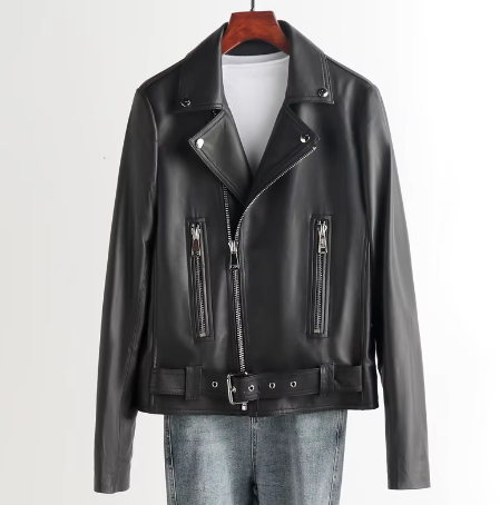 "Women's Genuine Sheepskin Leather Motorcycle Jacket with Suit Collar