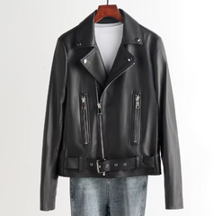 "Women's Genuine Sheepskin Leather Motorcycle Jacket with Suit Collar