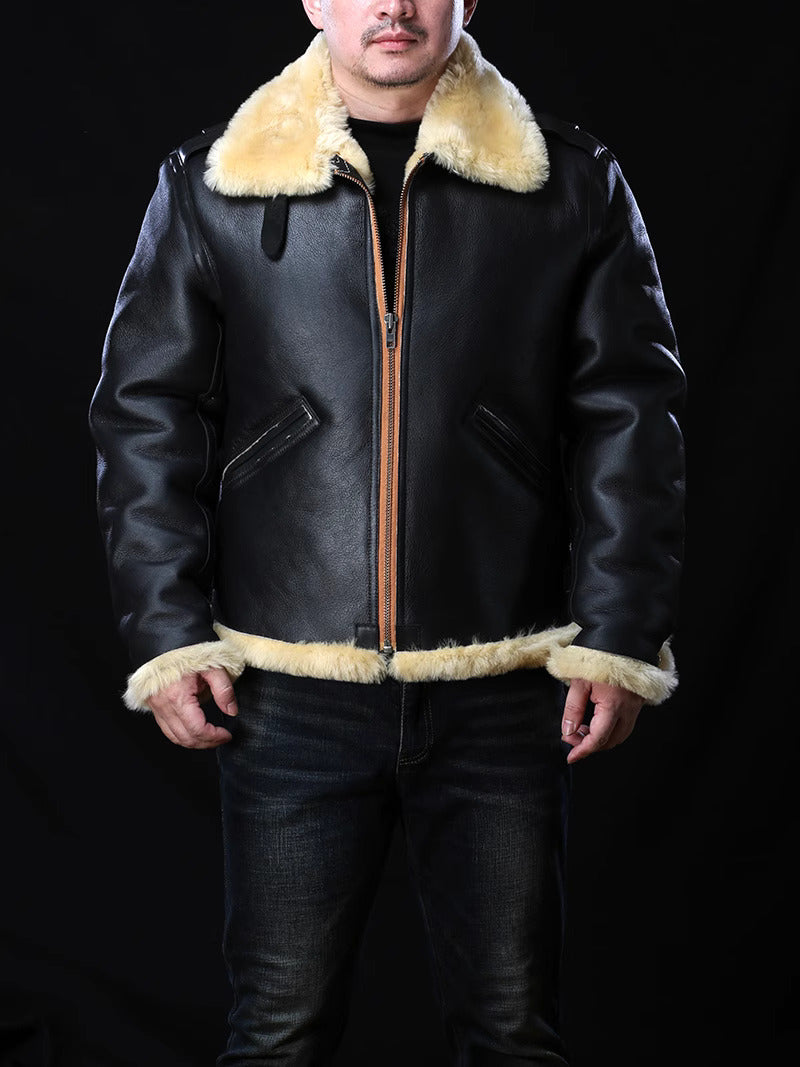 High Quality Super Warm Genuine Sheep Leather Coat Bomber Military Faux Fur Jacket