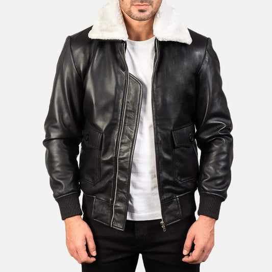 Black Genuine Leather Jacket with Faux Fur Collar