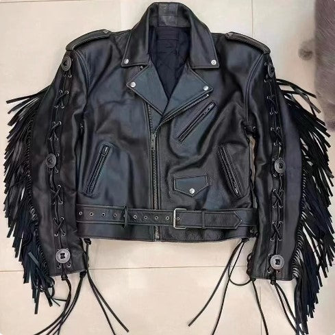 Men's Black Fringe Belt Genuine Leather Biker Jacket