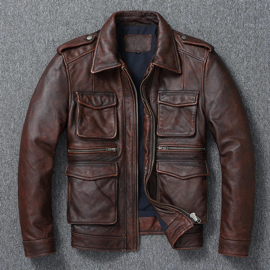 Mens Genuine Leather Biker Jacket: Real Cowhide Winter Coat