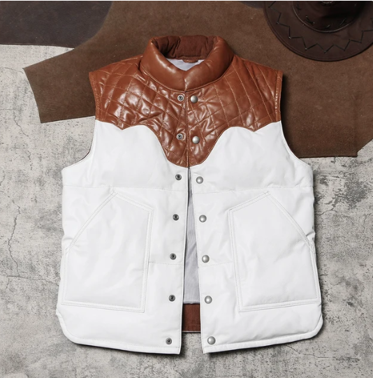 California Bear Leather Vest Down Jacket:Brown& White Contrast