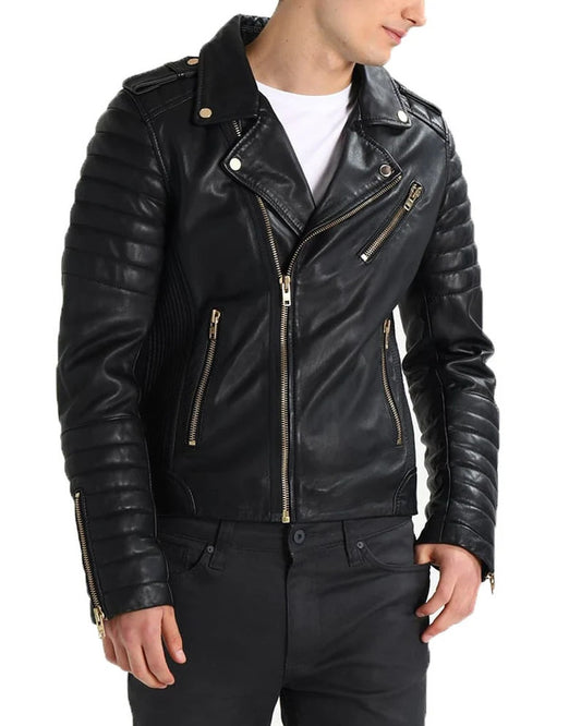 Men's Solid Black Leather Motorcycle Jacket