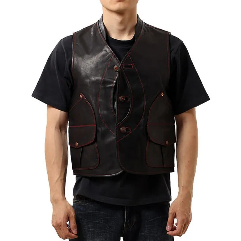 Men's Genuine Leather Motorcycle Biker Vest with Multiple Pockets - Sleeveless Cargo Jacket