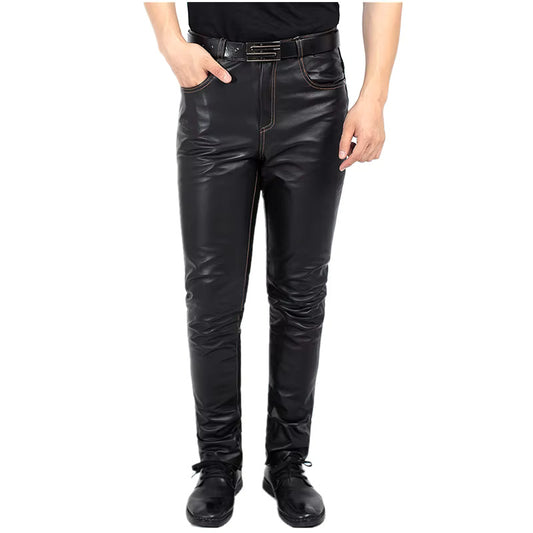 Men's Slim Fit Genuine Leather Pants - Elongated Straight First Layer Leather