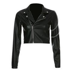 Women’s Black Biker Genuine Sheepskin Lapel Collar Café Racer Classic Slim Fit Epaulet Chain Asymmetric Punk Leather Jacket