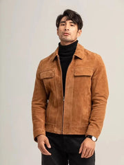 Men's Vintage Suede Sheepskin Motorcycle Jacket Short Coat with Zipper