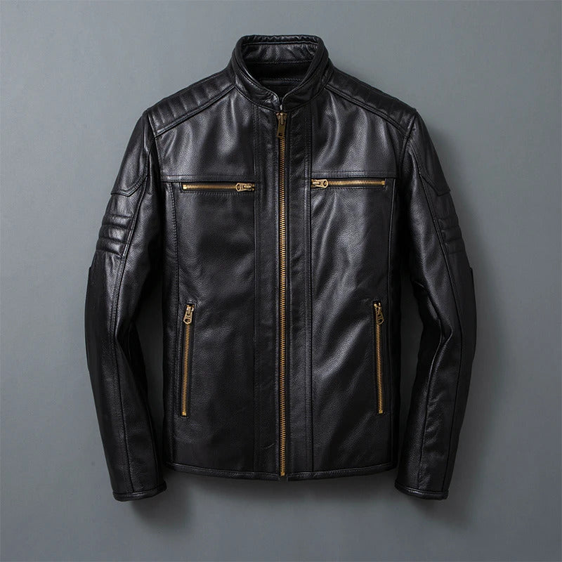 Premium Black Biker Jacket: Classic Men's Genuine Cowhide Leather