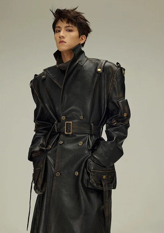 Men's Black Real Leather Trench Coat - Double Breasted, Belted Luxury Fashion 2024