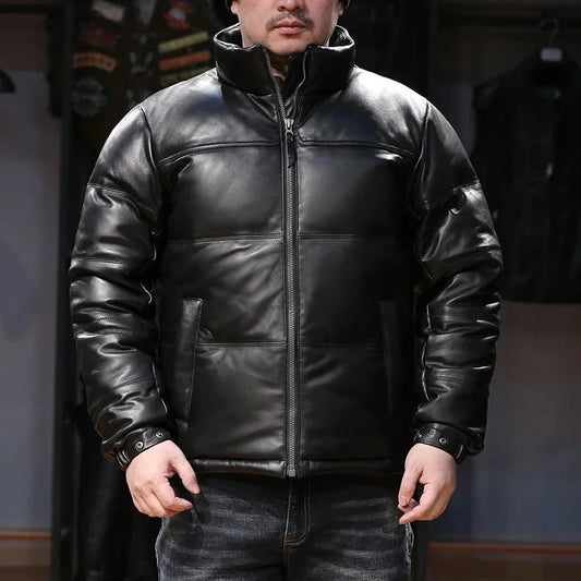 Men's Standing Collar Genuine Leather Sheepskin Down Puffer Coat