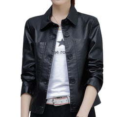 Women’s Black Genuine Sheepskin Shirt Collar Moto Café Racer Sporty Korean Fashion Chic Slim Fit Leather Jacket