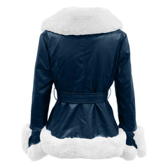 Women's Elegant Winter Warm Belted Casual Fluffy Leather Jacket with Genuine Sheepskin Sherpa Shearling and Faux Fur Trim"