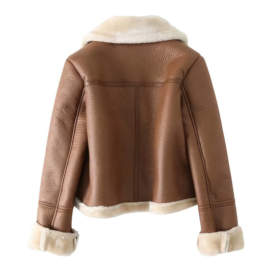 Brown Aviator Genuine Sheepskin Sherpa Shearling Faux Fur Women's Winter Warm Bomber Flight Pilot Leather Jacket