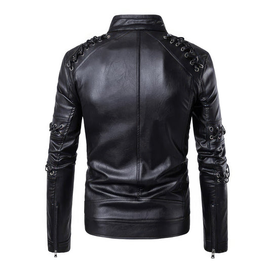 Men’s Black Biker Genuine Sheepskin Laces Café Racer Outfit Asymmetric Crossover Zip-Up Retro Casual Classic Rider Leather Jacket