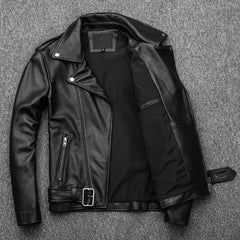 Men's Black Brando Biker Leather Jacket – Genuine Cowhide, Asymmetric Design, Slim Fit