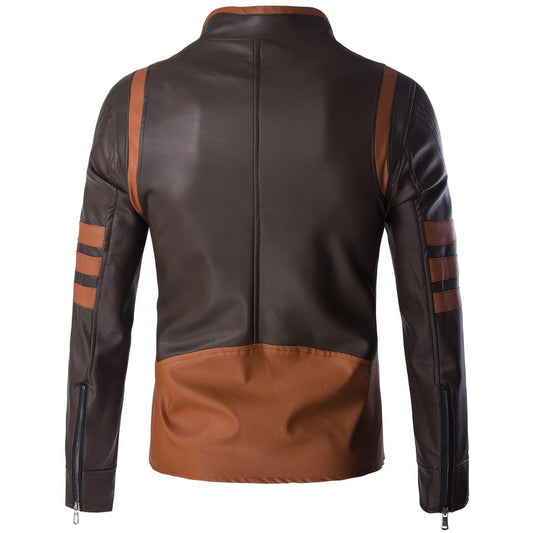 Men’s Brown Genuine Sheepskin Stand Collar Tan Strips Zip-Up Retro Casual Slim Fit High Street Smooth Café Racer Leather Jacket