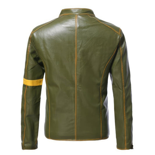 Men’s Green Biker Genuine Sheepskin Stand Collar Casual Crossover Motorcycle Café Racer Vintage Retro Leather Jacket