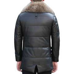 Men’s Black Genuine Sheepskin Detachable Sherpa Shearling Faux Fur Lined Business Thick Warm Slim Fit Padded Leather Puffer Jacket