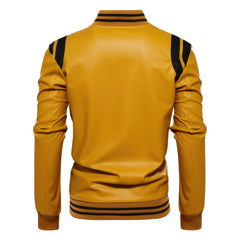 Men’s Yellow Biker Genuine Sheepskin Black Stripes Rib Knit Bomber Sporty Motorcycle Rider Slim Fit Leather Jacket