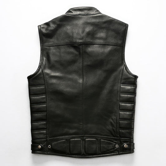 Men’s Biker Black Genuine Cowhide Sleeveless Vest Quilted Zip-Up Moto Lightweight Classic Smooth Slim Fit Leather Waistcoat