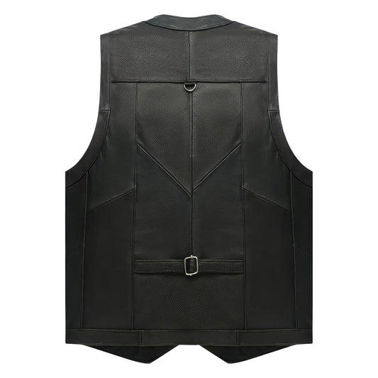 Men’s Black Biker Genuine Cowhide V-Neck Cafe Racer Vest Multi Pockets Motorcycle Sporty Racer Leather Waistcoat