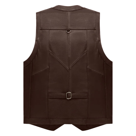 Men’s Brown Biker Genuine Cowhide V-Neck Cafe Racer Vest Multi Pockets Motorcycle Sporty Racer Leather Waistcoat