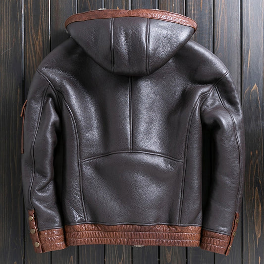 Men’s Brown Bomber Winter Warm Genuine Sheepskin Faux Fur Lined Drawstring Hooded Smooth Streetwear Leather Jacket Coat