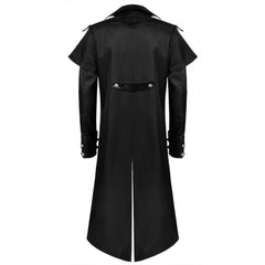 Men’s Black Gothic Genuine Sheepskin Halloween Victorian Uniform Cosplay Costume Steampunk Medieval Vintage Leather Trench Coat