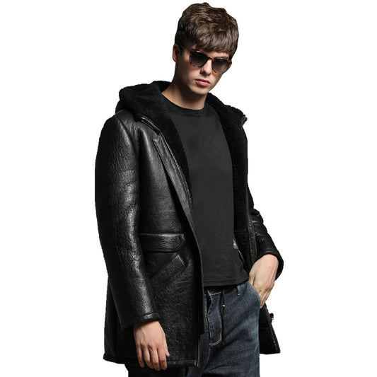 Men’s Black Genuine Sheepskin Faux Fur Hoodie Winter Warm Casual Leather Coat Jacket