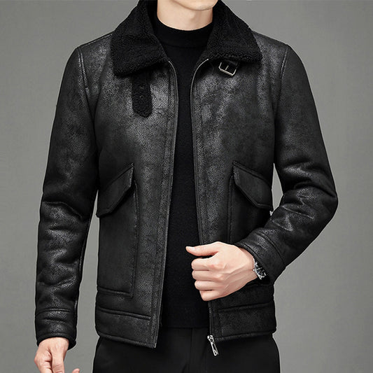 Men’s Vintage Distressed Black Genuine Sheepskin Sherpa Shearling Faux Fur Lined Turn-Down Collar Fashionable Streetwear Winter Warm Leather Jacket