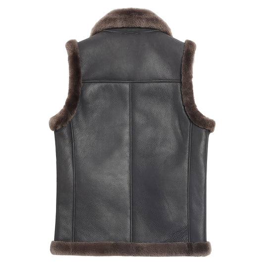 Men’s Coffee Brown Genuine Sheepskin Sherpa Shearling Faux Fur Lined Vest Winter Warm Thick Sleeveless Leather Waistcoat