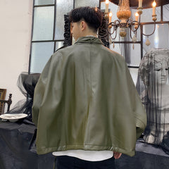 Men’s Army Green Genuine Sheepskin Stand Collar Streetwear Oversized Loose Outfit Bat Sleeve Casual Fashionable Leather Jacket