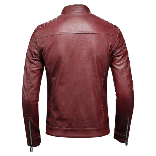 Men’s Red Biker Genuine Sheepskin Quilted Shoulders Smooth Scooter Café Racer Streetwear Slim Fit Leather Jacket