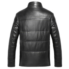 Men’s Black Genuine Sheepskin Faux Fur Collar Quilted Shoulders Padded Thick Winter Warm Puffer Leather Jacket