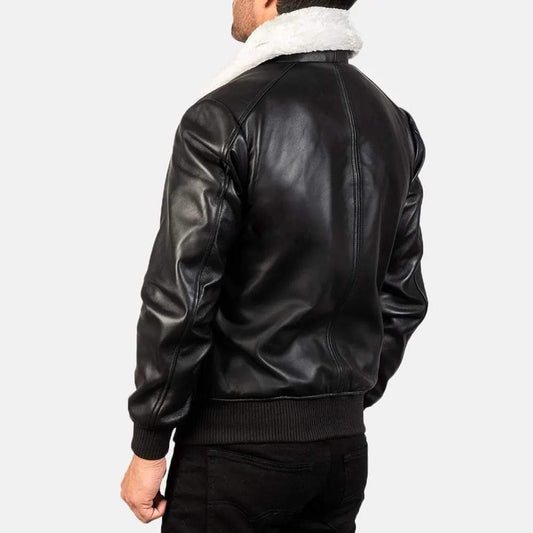 Black Genuine Leather Jacket with Faux Fur Collar