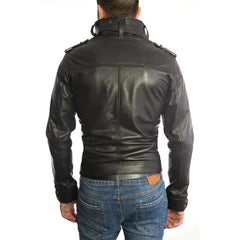 Men's Slim Fit Black & Brown Genuine Leather Biker Jacket with Six Front Pockets