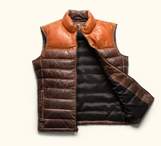 Brown Sheepskin Men's Puffer Leather Jacket - Stylish and Warm Outerwear