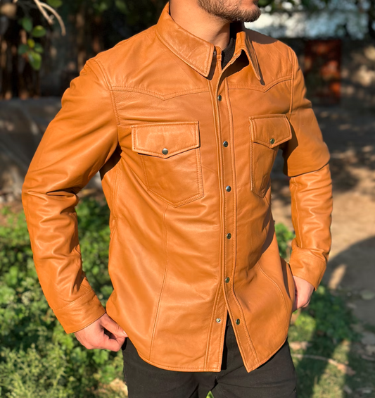 Men's Brown Genuine Lambskin Leather Motorcycle Shirt