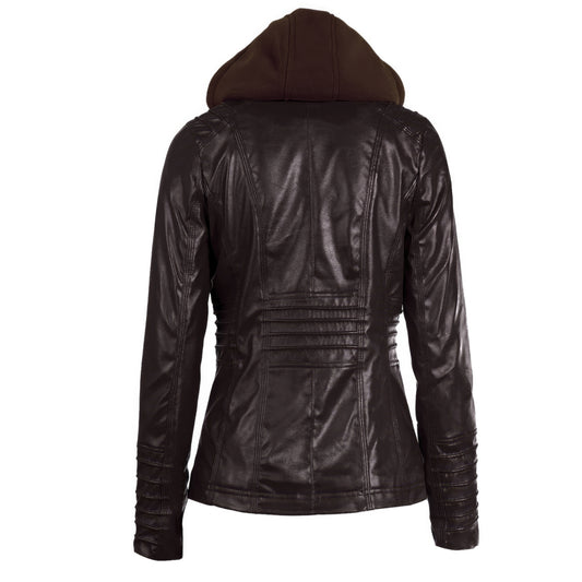 Women’s Racer Brown Genuine Sheepskin Detachable Hooded Sporty Moto Scooter Racer Slim Fit Casual Classic Leather Jacket