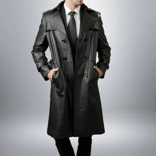 Handmade Full-Length Black Sheepskin Leather Trench Coat