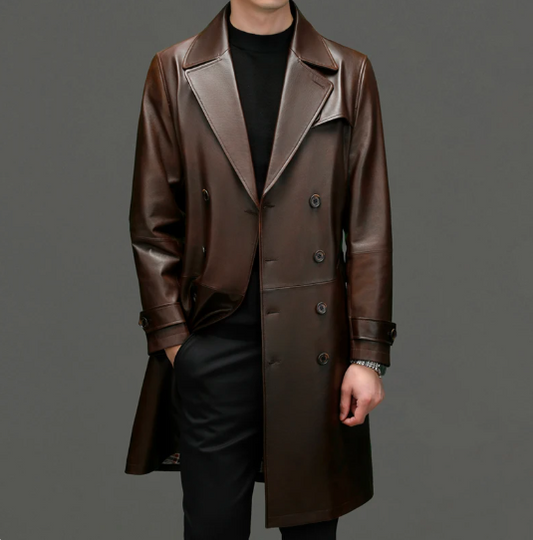 Men's Business Leather Trench: Classic Style in Solid Colors