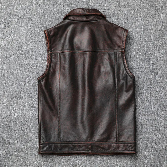 Men's Genuine Leather Dark Brown Vintage Cowhide Motorcycle Vest