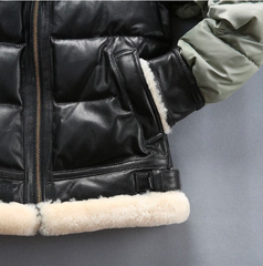 Men's Streetwear Puffer Bomber Leather Jacket with Sheepskin Turn Down Fur Collar